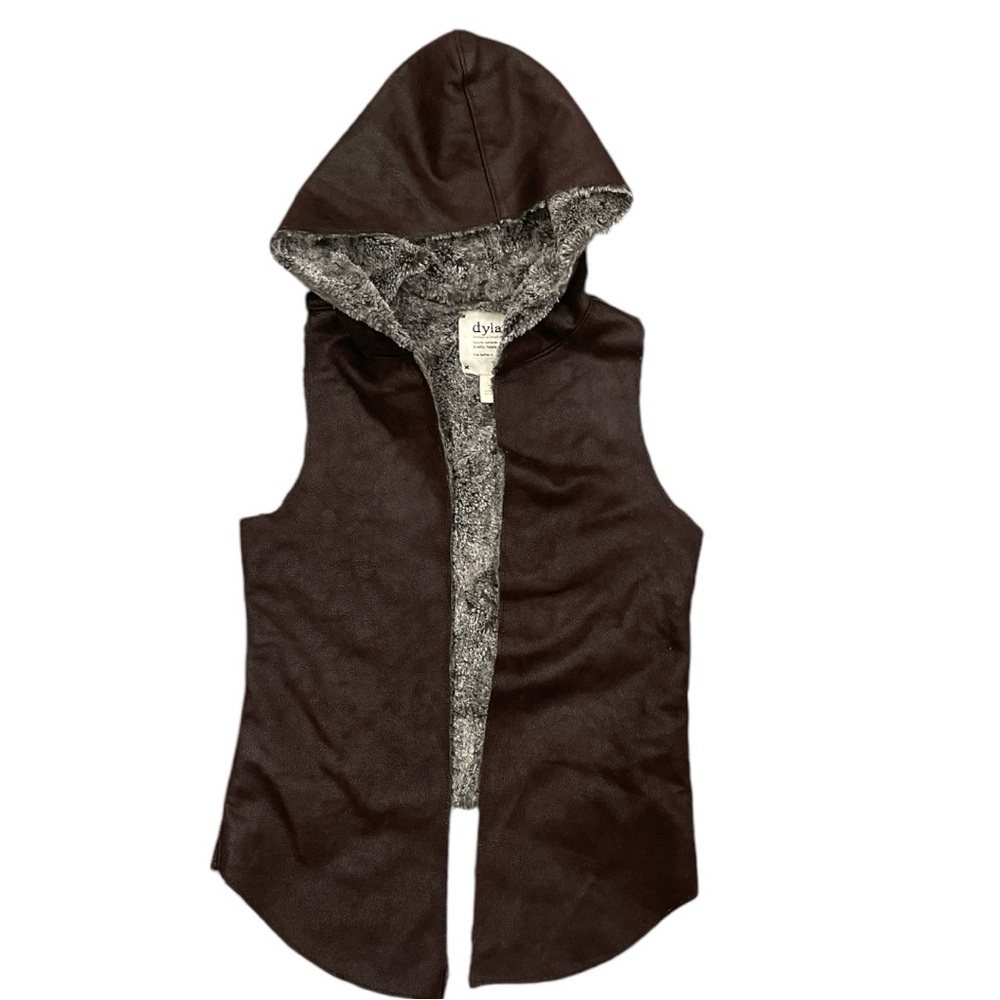 DYLAN XS brown faux suede open vest with big hood super soft faux fur lining